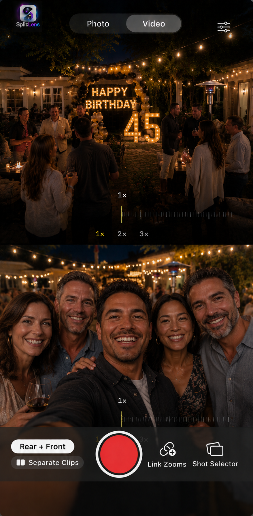 SplitLens Photo mode capturing a birthday party scene and group selfie at once