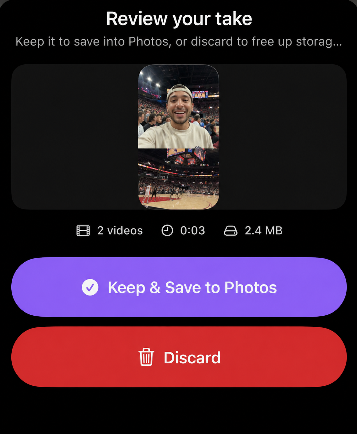SplitLens Review your take screen — keep and save to Photos or discard